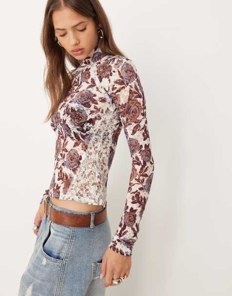 Free People high collared lyric long sleeve top in ivory floral print - view 1