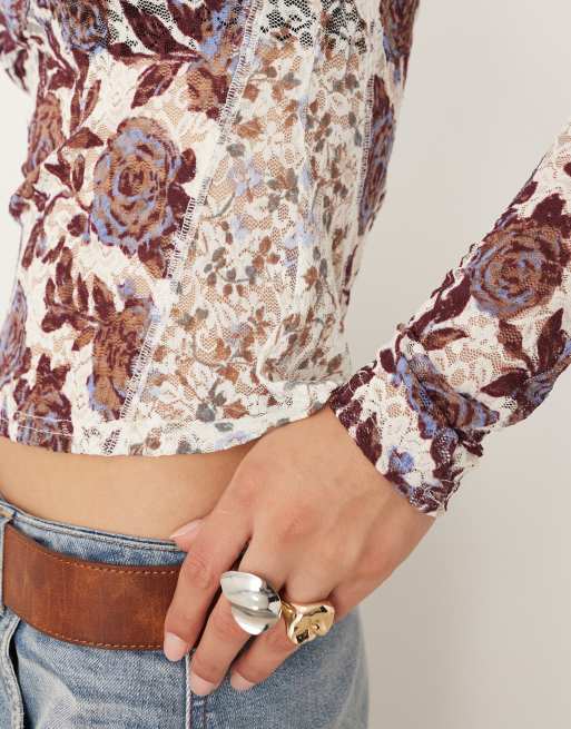 Free People high collared lyric long sleeve top in ivory floral print, 3 of 4