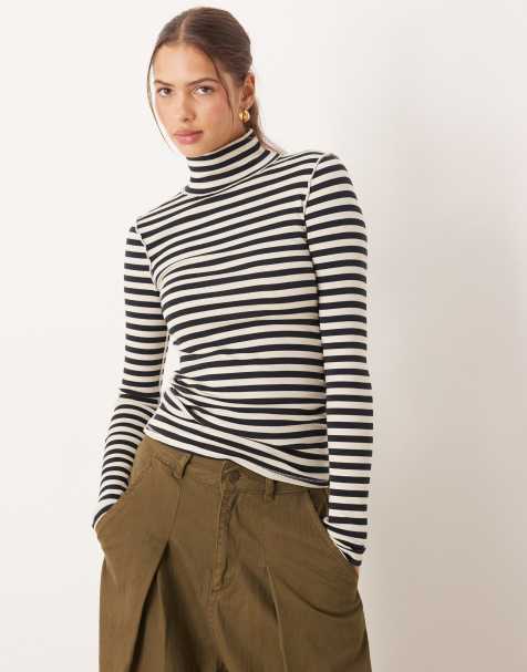 Free People high neck good good turtle long sleeve top in black stripe