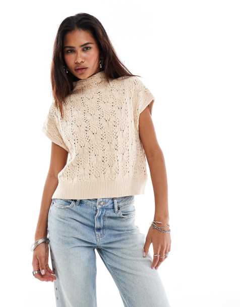 Free People high neck pointelle sleeveless jumper in neutral - view 1