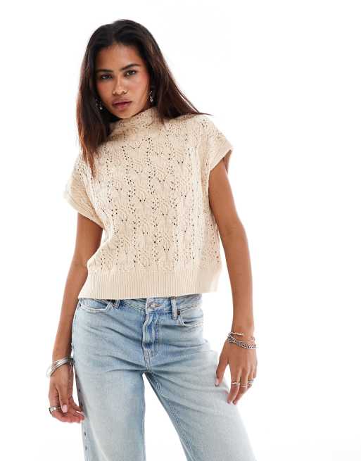 Free People high neck pointelle sleeveless jumper in neutral