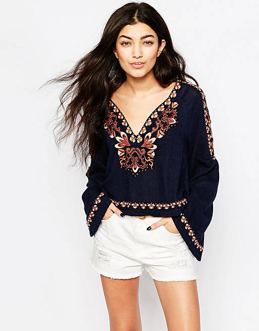 Free People High Times Embroidered Blouse In Navy | ASOS