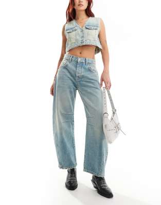 Free People Good Luck Mid Rise Barrel Jean In Ultra Light Beam In Navy