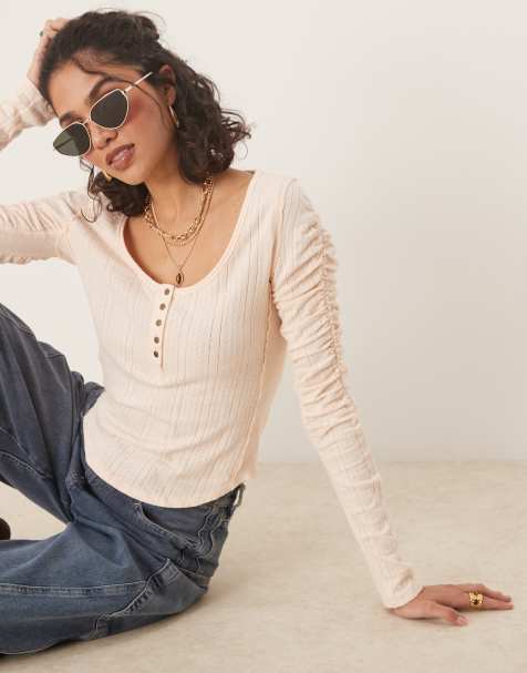 Free People hope henley ribbed long sleeve top in light pink - view 1