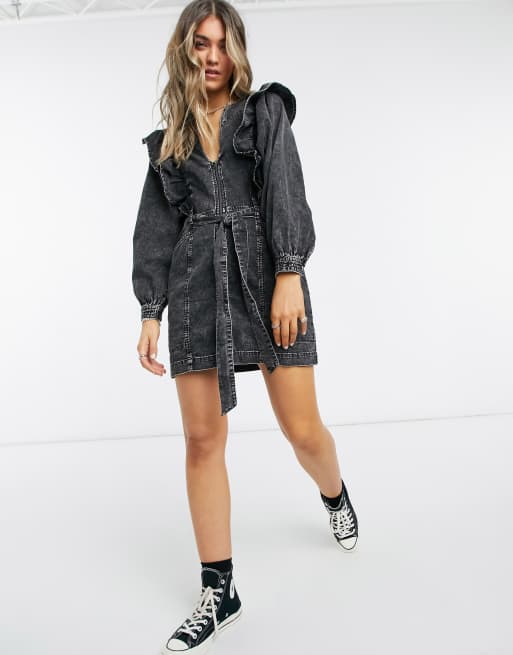 Free People Imogene frill denim mini dress in black ASOS