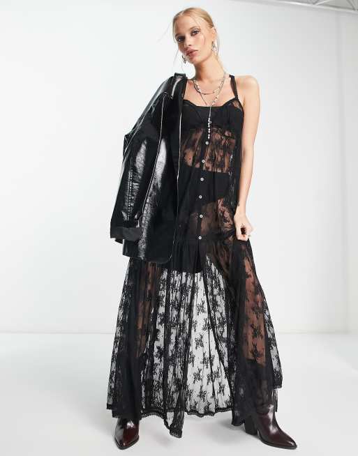 Free People In The Breeze embroidered sheer maxi dress in black