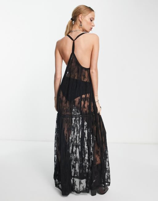 Free People In The Breeze embroidered sheer maxi dress in black | ASOS