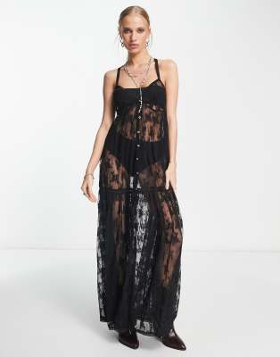 Free People In The Breeze embroidered sheer maxi dress in black | ASOS