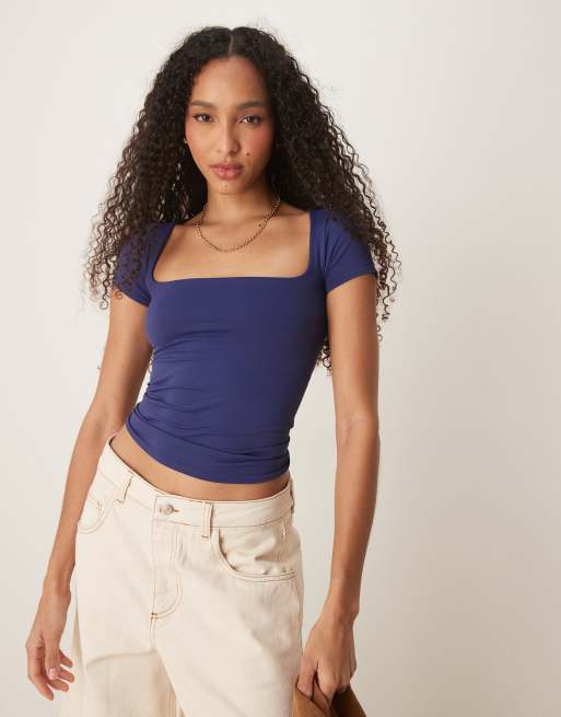 Free People - Indigoblå enkel baby-T-shirt med firkantet hals