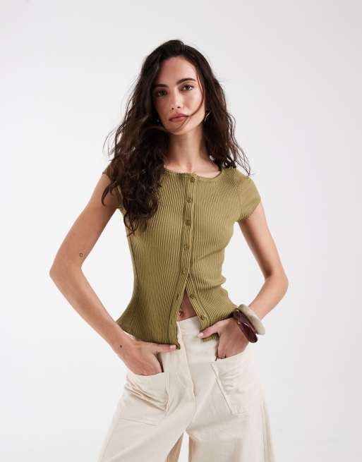 Free People Intimately FP mest önskade ribbad kofta med knappar i grönt, 3 av 4