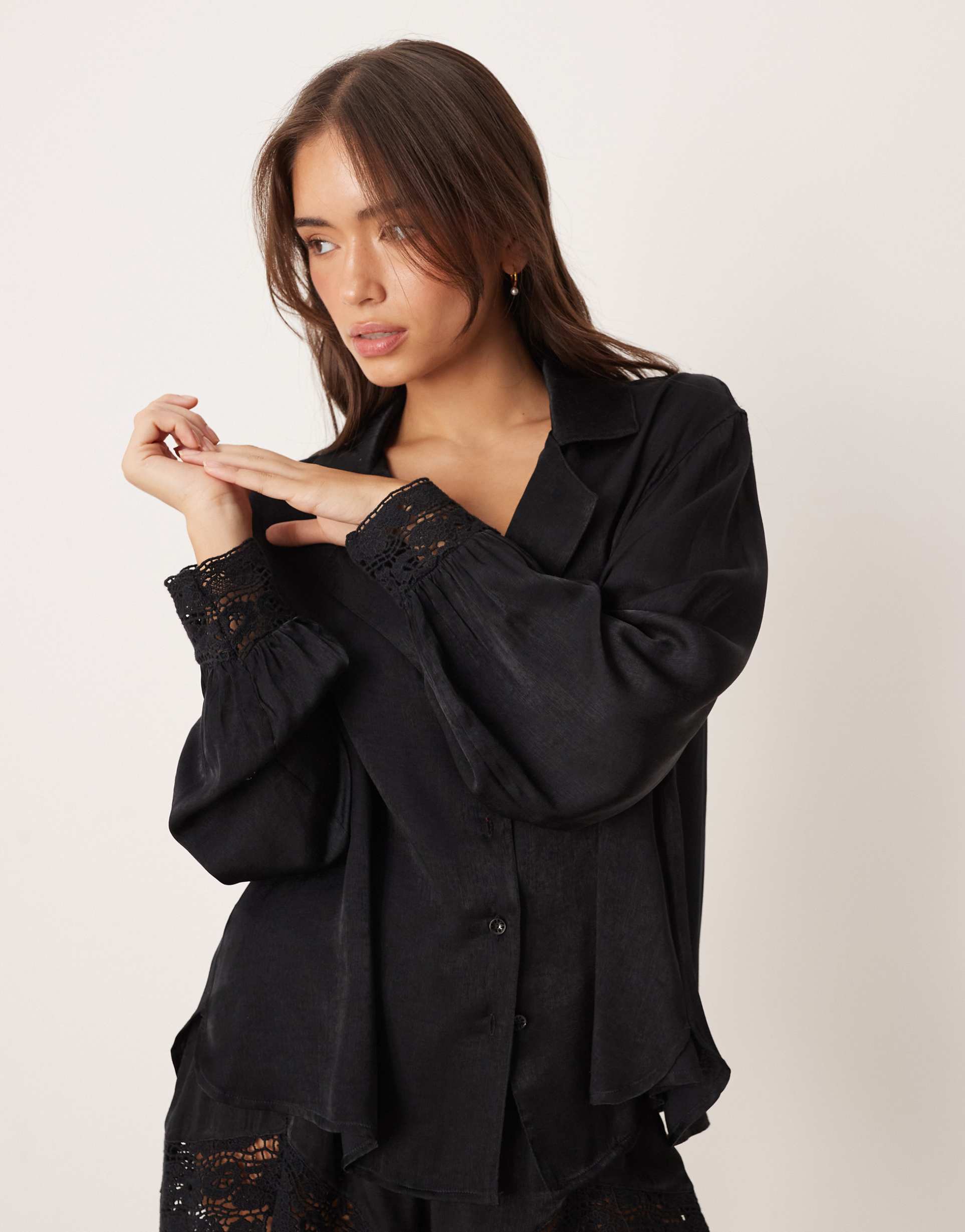 free people intimately fp midnight muse satin sleep shirt in black - part of a set