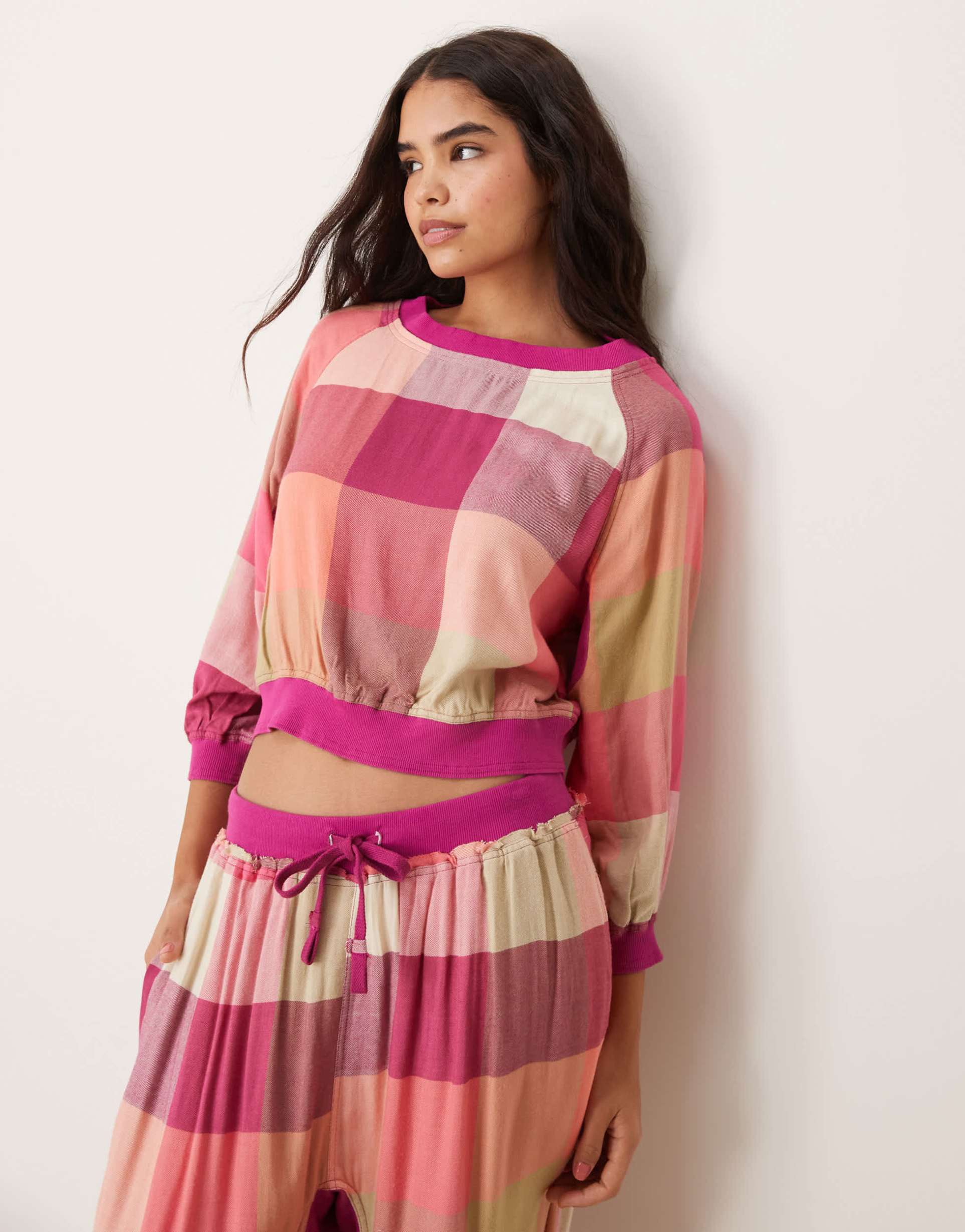 free people intimately fp plaid flannel pajama top in pink multi - part of a set