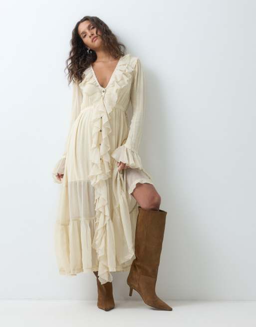 Free People Isla boho midi-kjole med flæser i elfenben, 4 af 5
