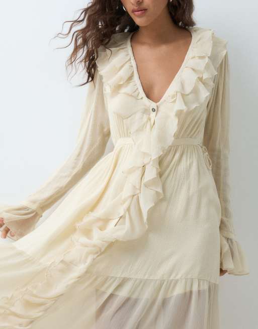 Free People Isla boho vestido midi con volantes en marfil, 3 de 5