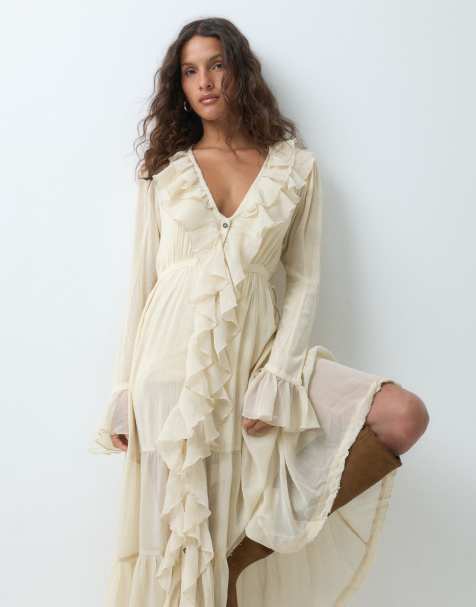 Free People Isla vestito midi bohémien con volant avorio - view 1