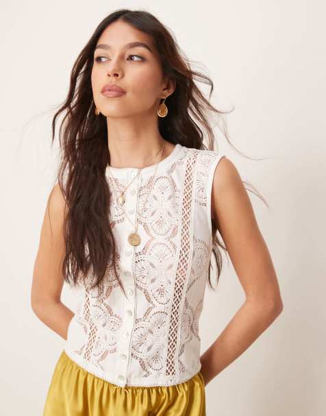 Free People jae button up lace top in ivory - view 1