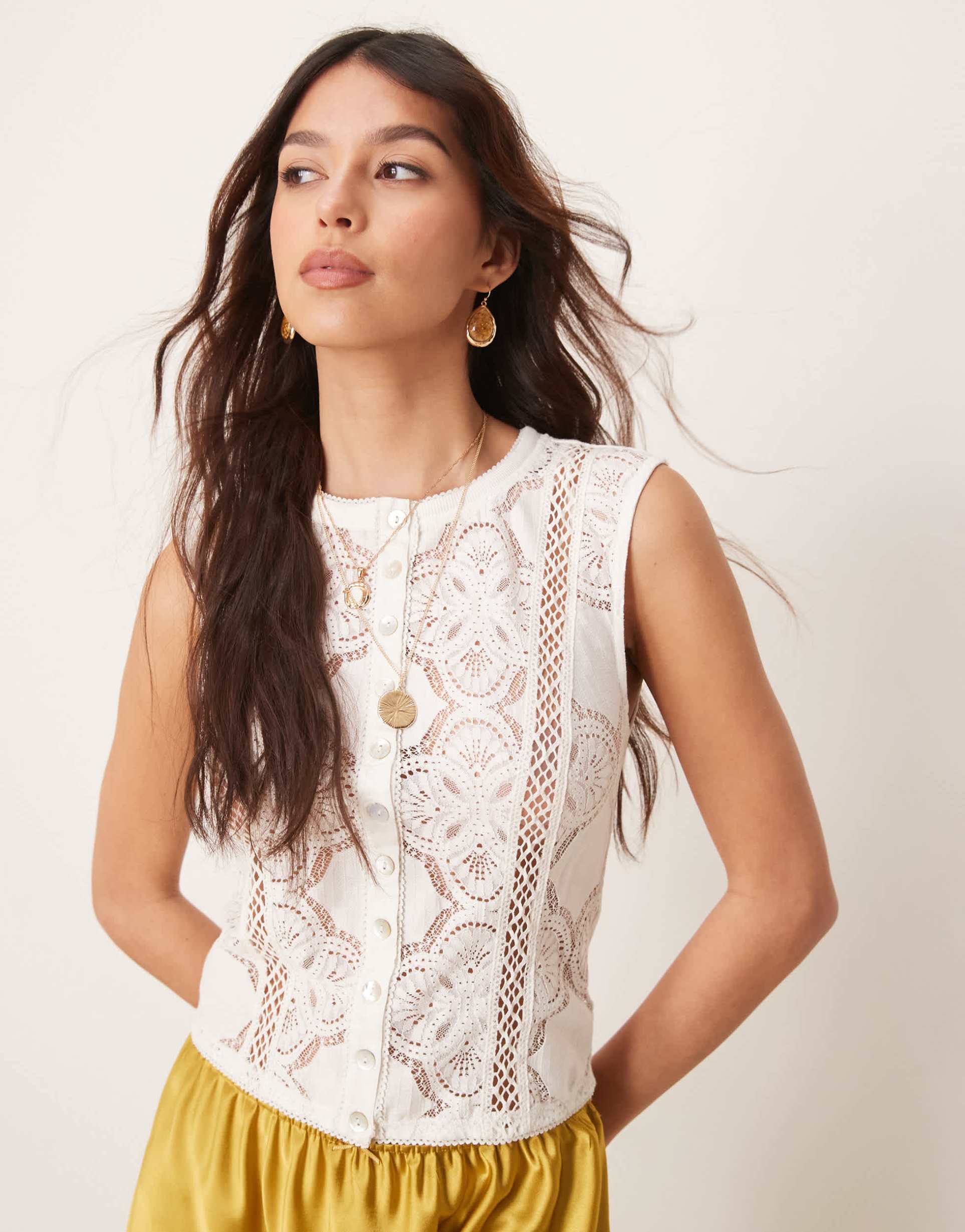 free people jae button up lace top in ivory