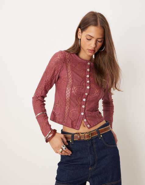 Free People Jae Knit long sleeve button up top in crushed berry