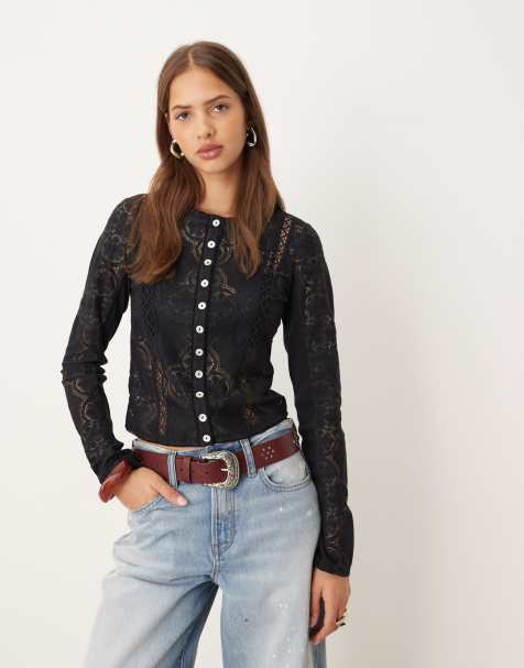 Free People - Jae - Top nero a maniche lunghe in maglia con bottoni - view 1