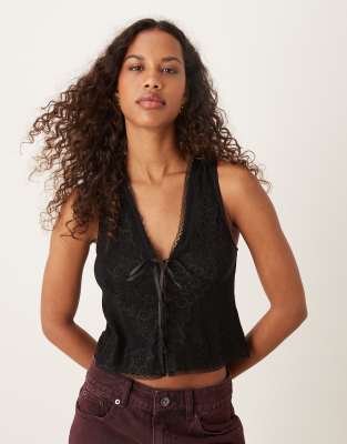 Free People Free People Jaida embroidered lace up vest in black-White