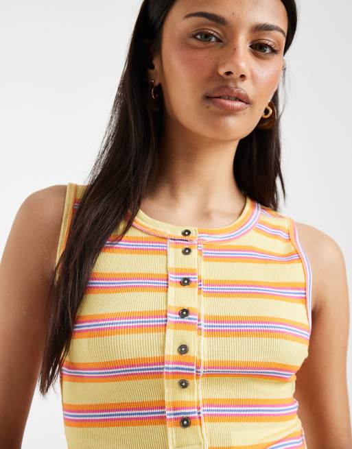 Free People Jamie button down henley singlet in butter yellow stripe, 3 of 4