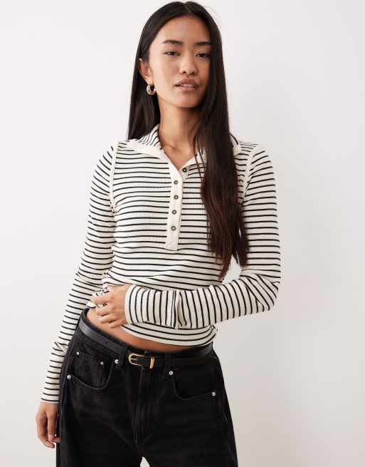 Free People – Jamie – Dwukolorowy zapinany na guziki top z długimi rękawami i dekoltem henley