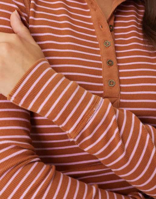 Kissfix Women's Long Sleeve Henley Top - Ribbed Knit, Button Detail, Fall Casual Blouse, Orange, X-Large - View #14