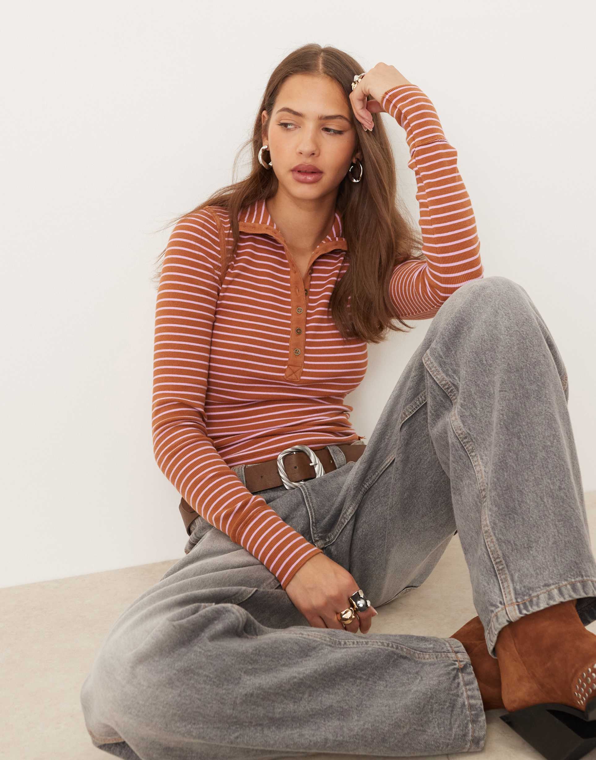 free people jamie henley button-up long sleeve top in cinnamon