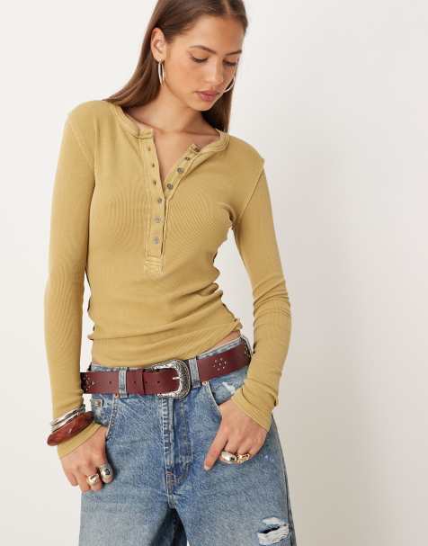 Free People Jamie Henley button up long sleeve top in dried tobacco 