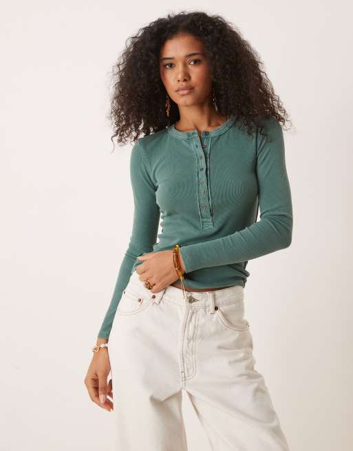 Free People - Jamie - Henley top met knoopsluiting in uncut smaragd, 3 van 4