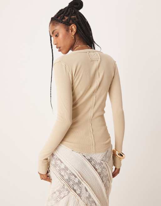 Free People - Jamie - Top serafino color semola con bottoni, 4 di 4