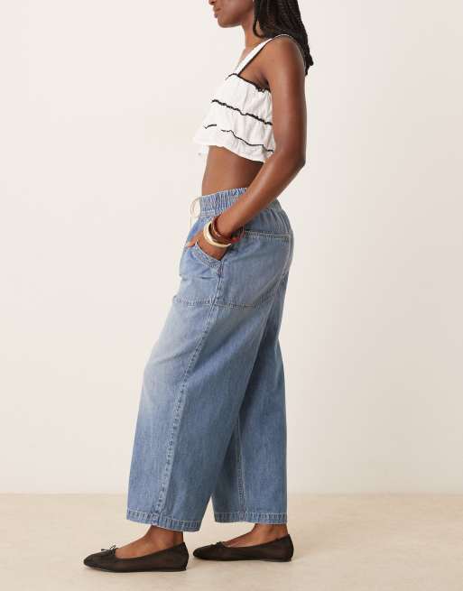 Free People - Jeans a cilindro lavaggio blu medio con laccio, 3 di 5