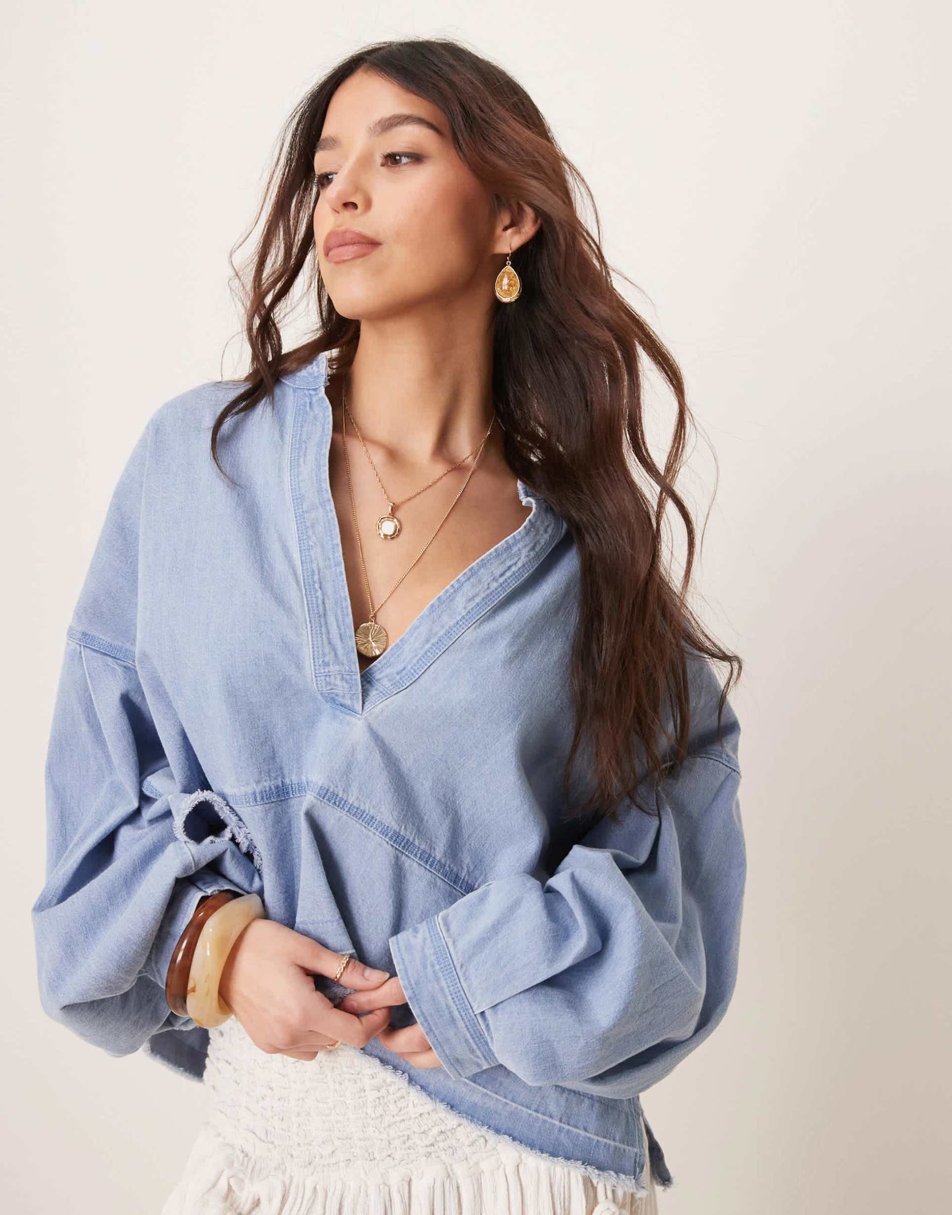 free people jude denim pullover top in vintage indigo