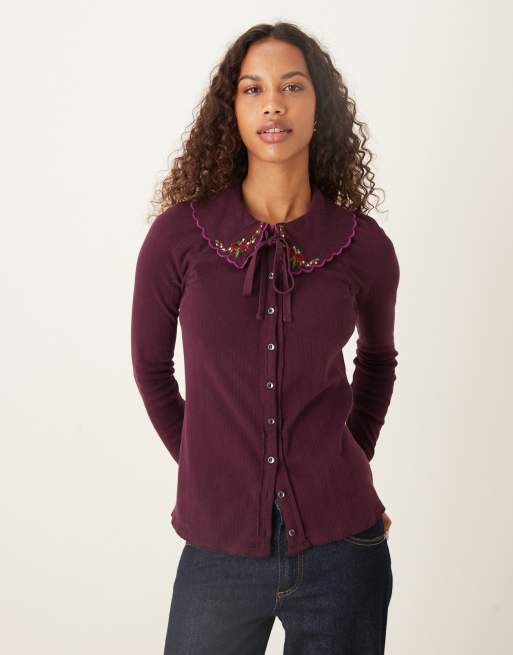 Free People - Juniper - Top a maniche lunghe color uva vintage con bottoni, 1 di 4