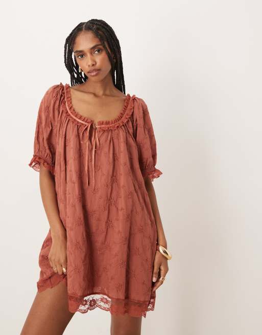Free People – Juno – Kurzes Babydoll-Kleid mit Spitze in Canyon Sunset, 2 von 4