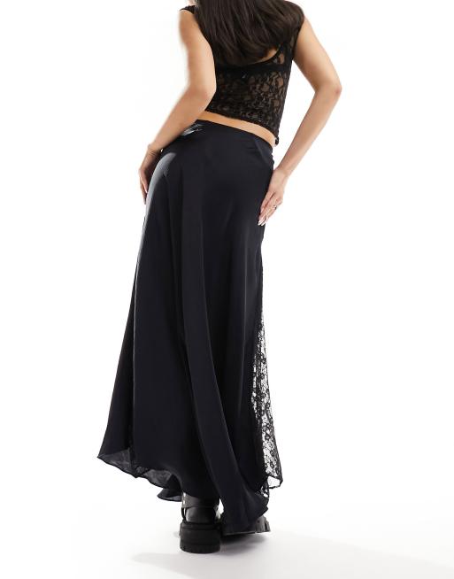 Free People - Jupe longue avec empiècement en dentelle - Noir, 3 de 5