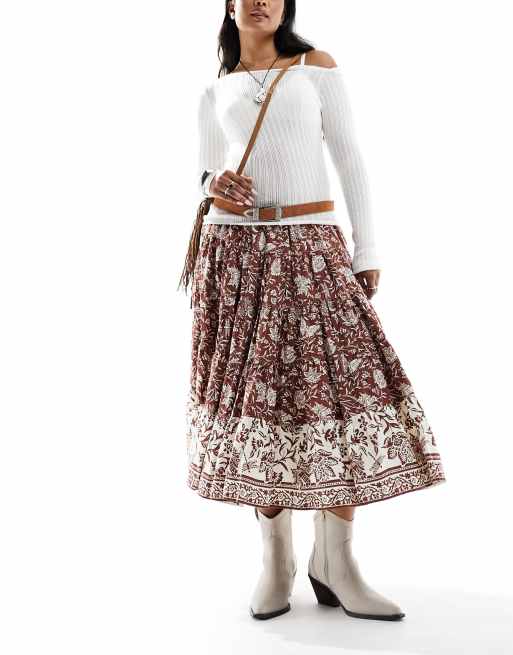 Free People - Jupe mi-longue style vintage avec imprimé batik - Chocolat