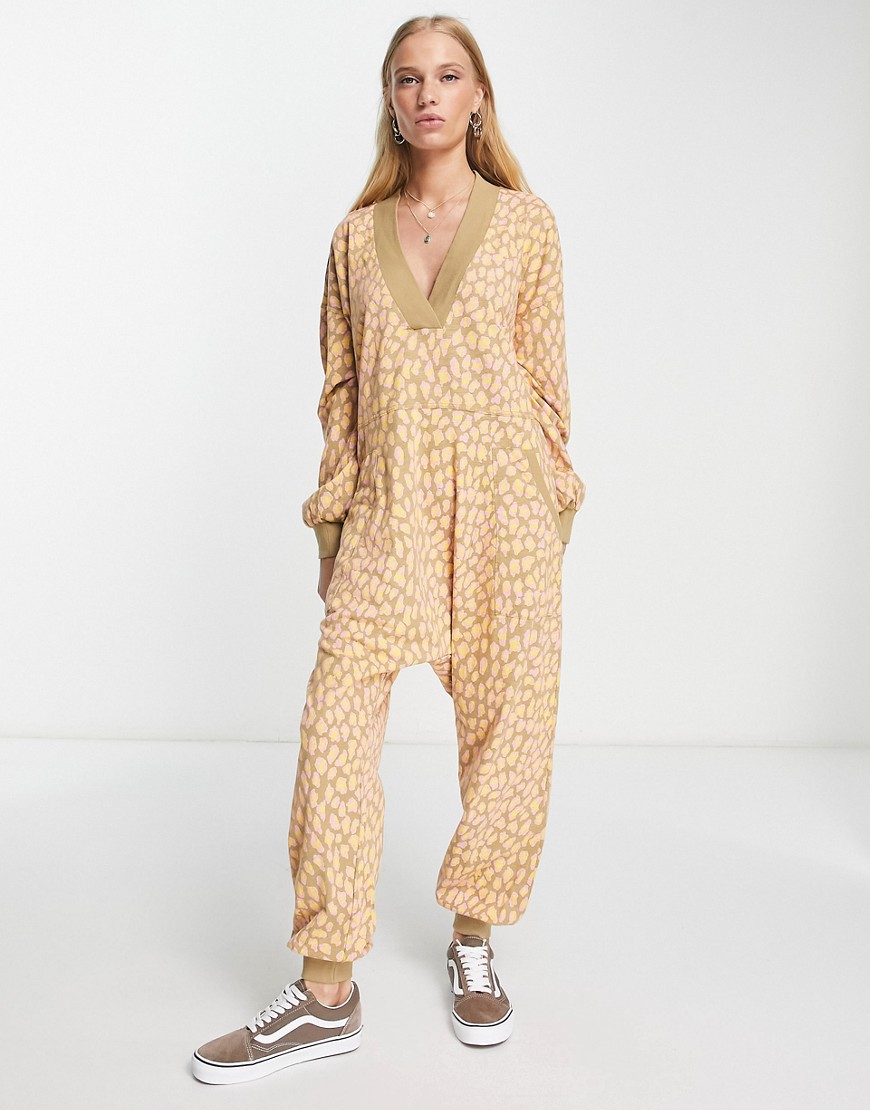 Free People Just Because printed jumpsuit in olive-Green