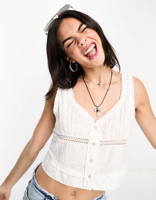 Free People - Kerry - Tanktop met broderie en knoopsluiting in wit