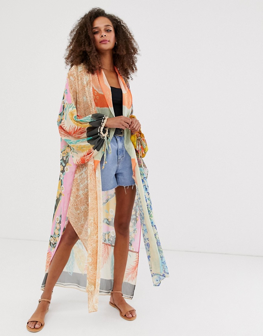 Free People – Kimono med blandade mönster-Flerfärgad