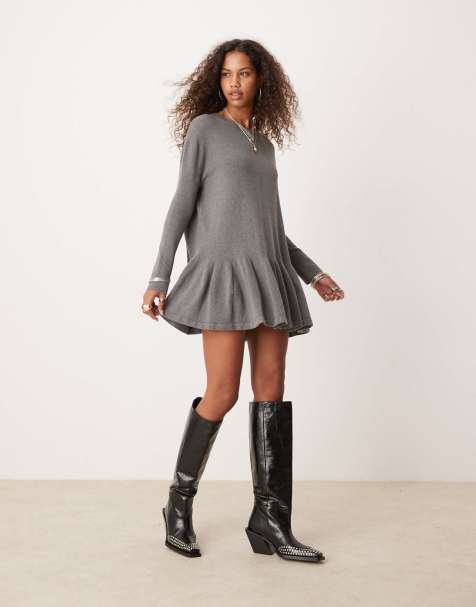 Free People knit mini ruffle hem mini dress in gray - view 1