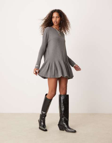 Free People knitted mini ruffle hem mini dress in grey - view 1