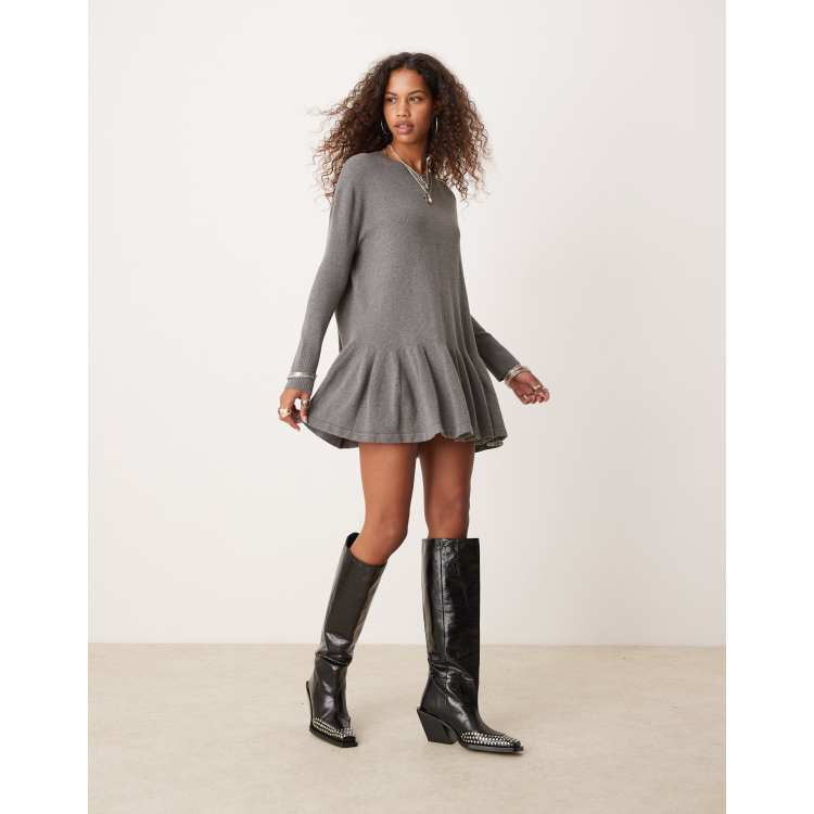 Free People knitted mini ruffle hem mini dress in grey | ASOS