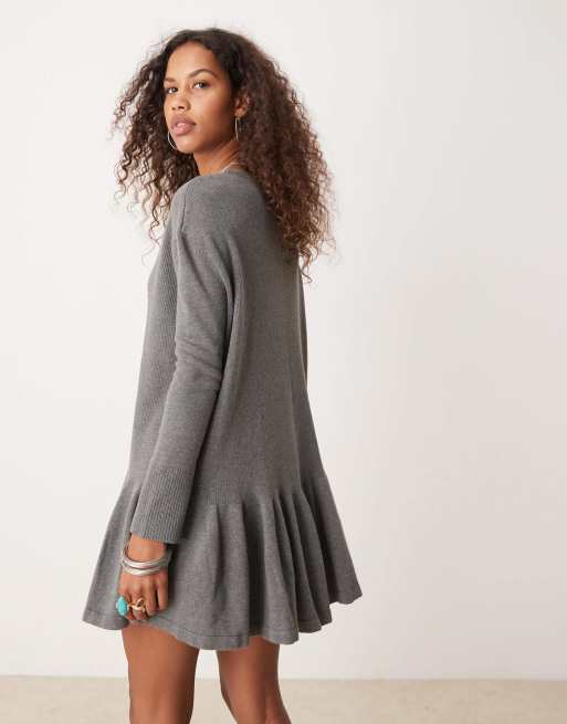 Free People knitted mini ruffle hem mini dress in grey, 2 of 4