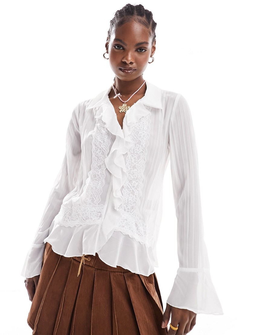 Shop Free People Lace And Ruffle Edged Blouse In Ivory-white