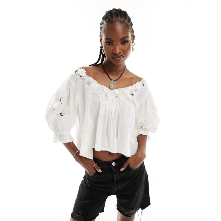 Free People lace applique cropped cotton blouse in white | ASOS