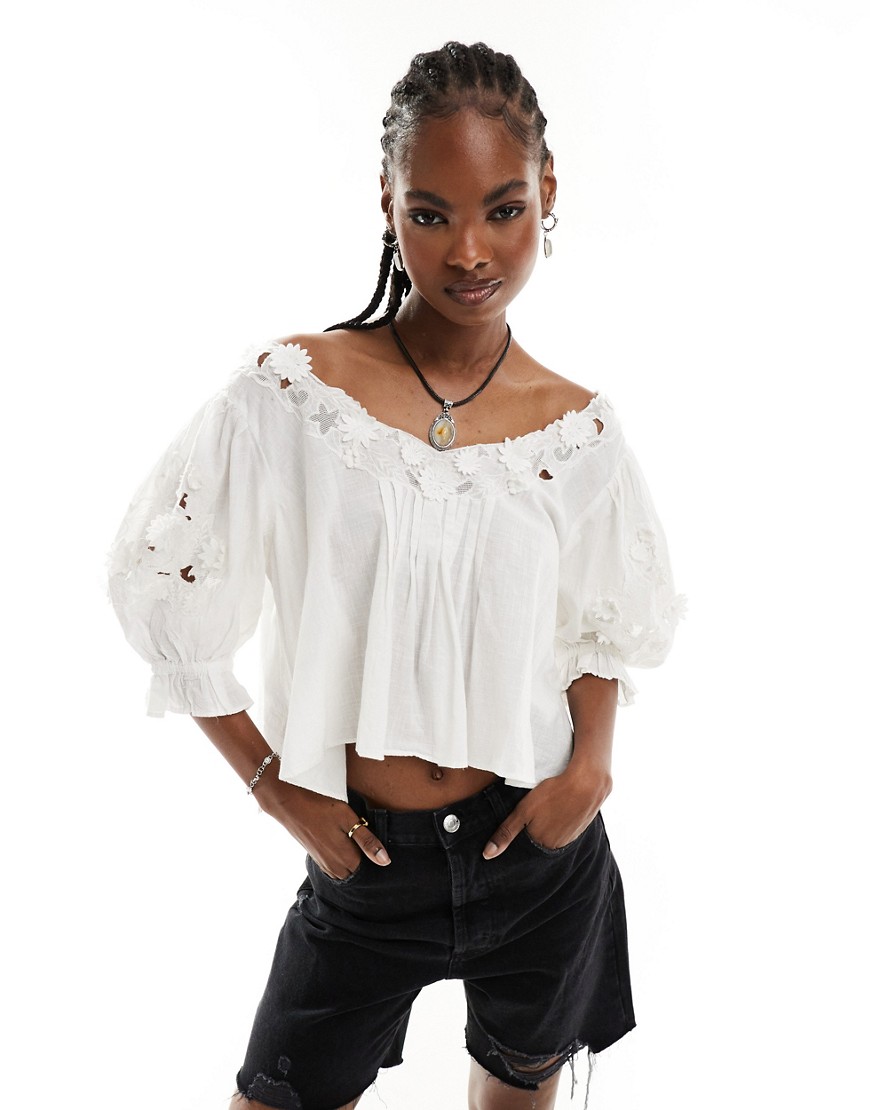 Free People Lace Applique Cropped Cotton Blouse In White