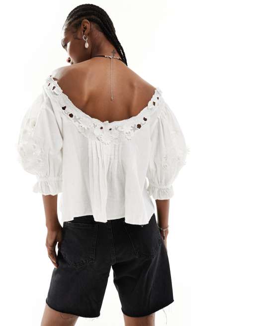 Free People lace applique cropped cotton blouse in white, 4 of 4
