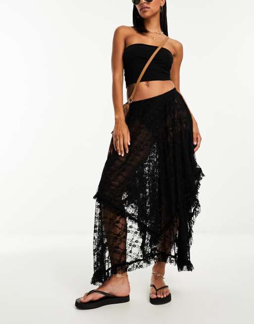 Free People lace asymmetric midi skirt in black | ASOS