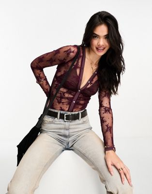 Free People lace button through bodysuit in wine